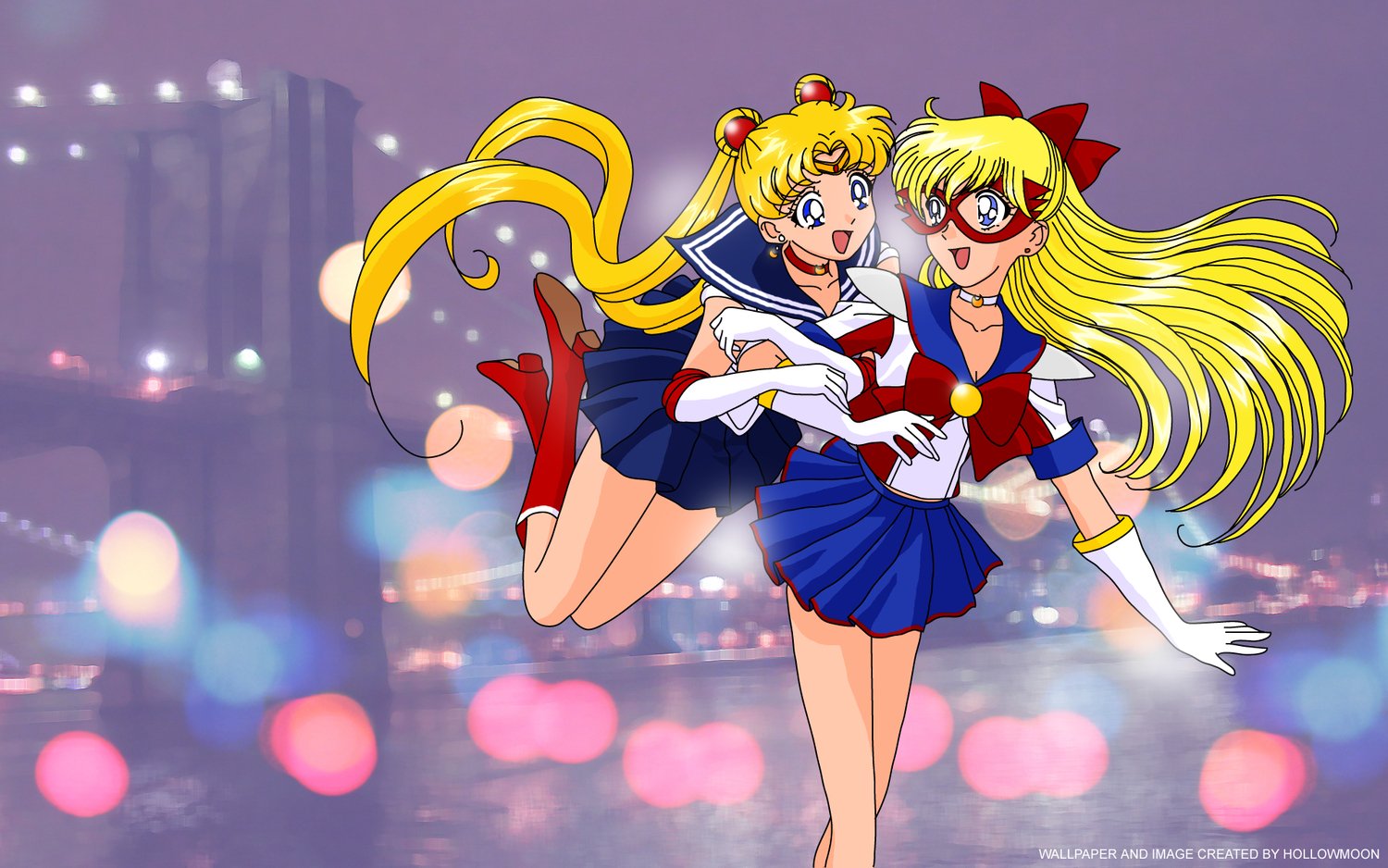 A vibrant HD desktop wallpaper featuring characters from Sailor Moon, showcasing their iconic outfits against a dreamy, softly glowing background.