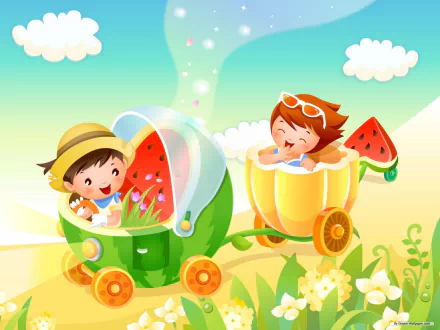 Melon-themed artistic Childhood Dream HD PC desktop wallpaper: two happy children riding watermelon and cantaloupe carts through a sunny, whimsical meadow.