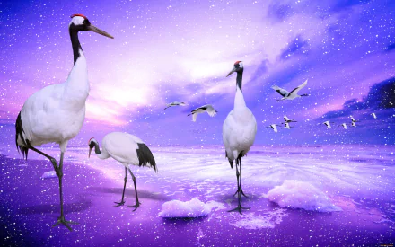 A serene winter scene of red-crowned cranes standing in snow with their reflections on a purple-hued frozen landscape under a starry sky.