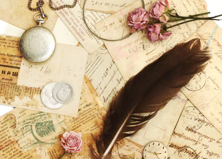 A vintage-style HD desktop wallpaper featuring an arrangement of old letters, a pocket watch, coins, and flowers, creating a nostalgic and artistic atmosphere.