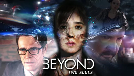 HD PC desktop wallpaper for the video game Beyond: Two Souls, showing a close-up of Jodie’s face with other characters, ethereal blue light effects and the game title.