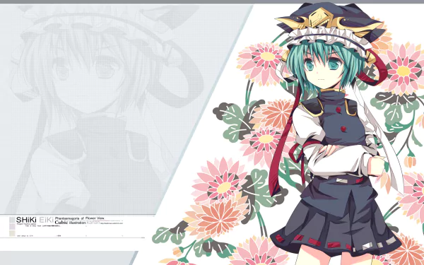 HD PC desktop wallpaper of Shikieiki Yamaxanadu (Touhou) in anime style: teal-haired, judge-like outfit and hat, standing against pale geometric panels with pink chrysanthemum flowers.