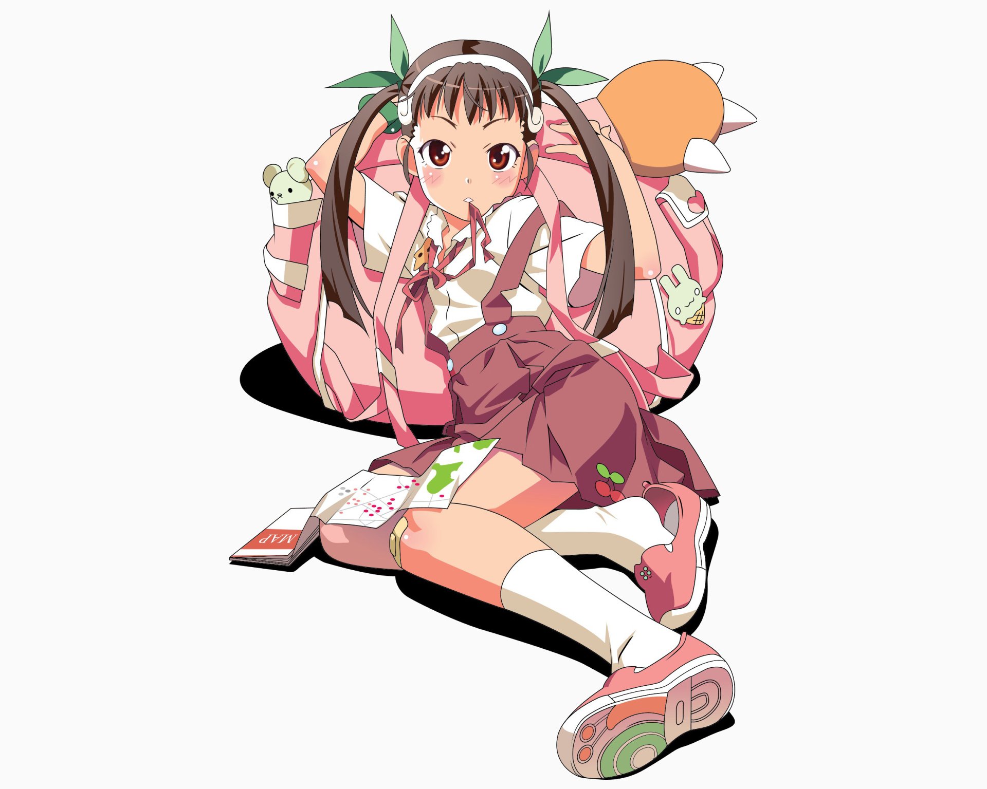 HD PC desktop wallpaper featuring Mayoi Hachikuji from the Monogatari anime series, showcasing her sitting with a backpack and school supplies around her.