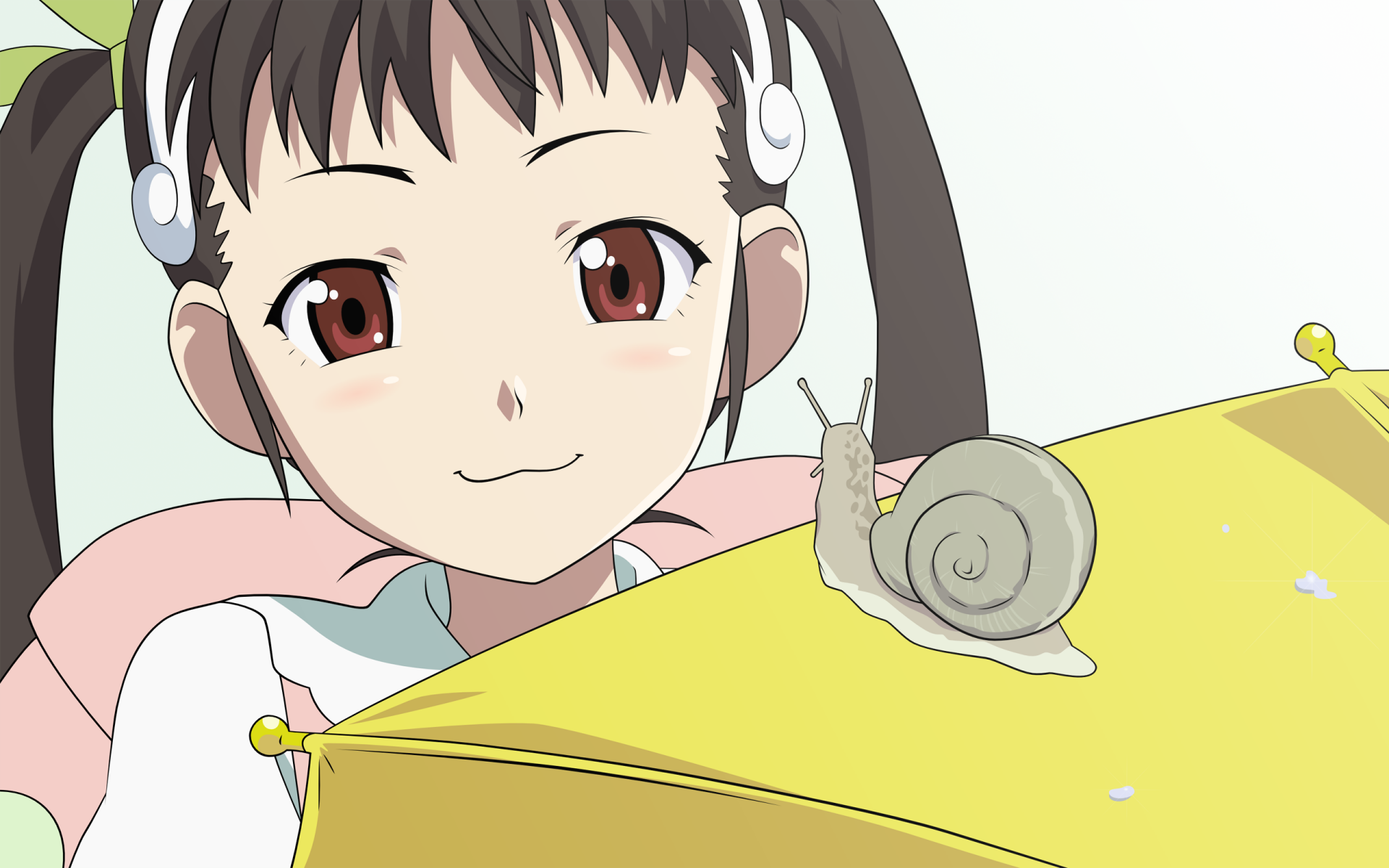 HD PC desktop wallpaper featuring Mayoi Hachikuji from the Monogatari anime series, showcasing her smiling face with a snail on a bright yellow surface.