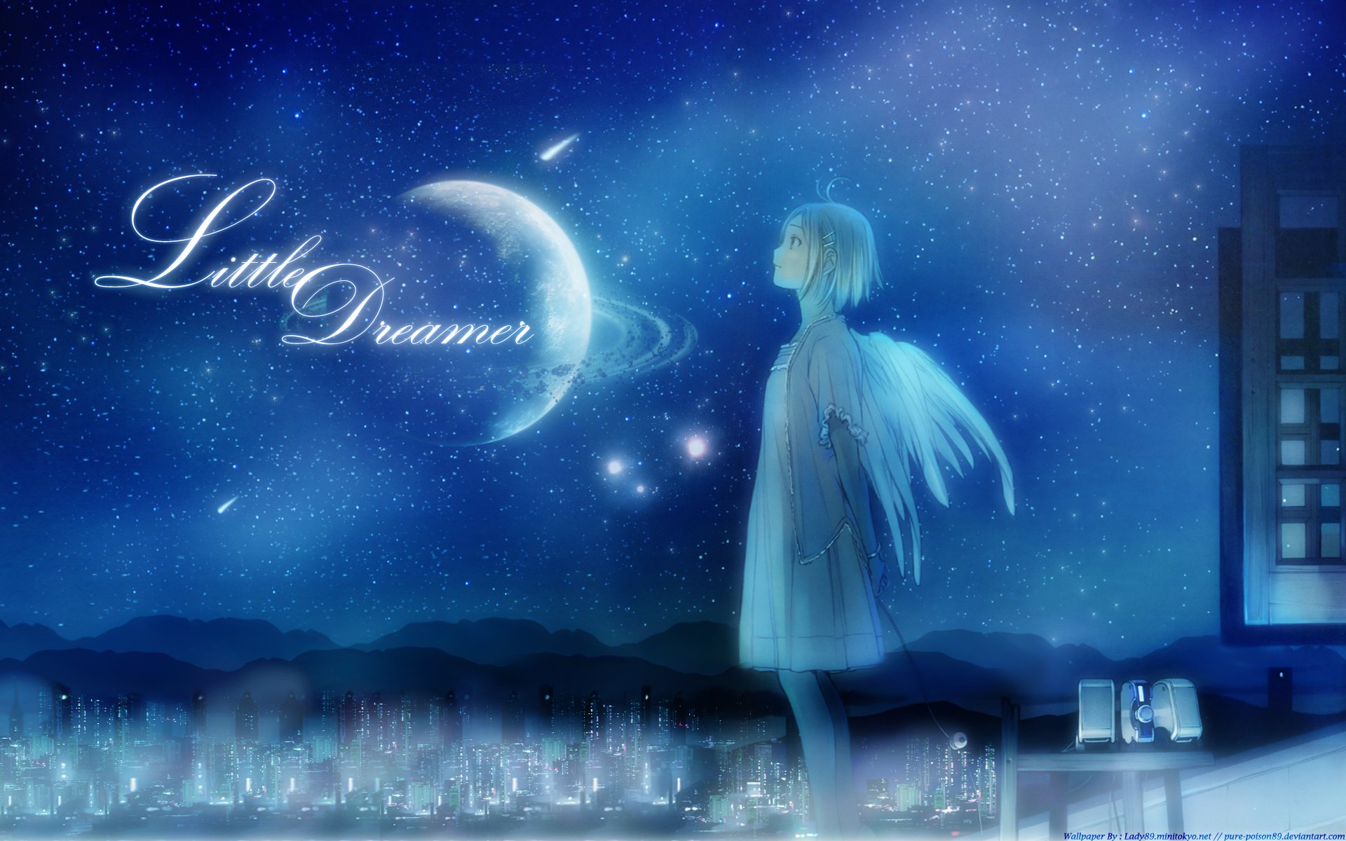 HD anime wallpaper of a girl angel standing under a starry night sky, gazing at a glowing crescent moon with Little Dreamer text shimmering nearby.