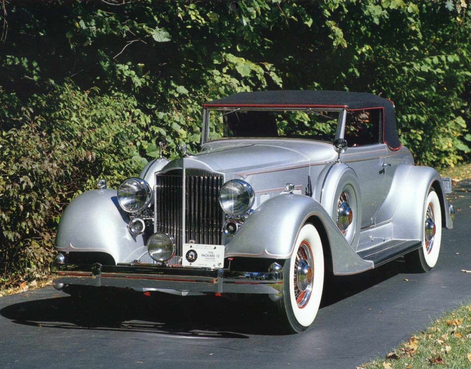 Silver vintage Packard vehicle convertible with whitewall tires and chrome trim parked by a leafy hedge — HD PC desktop wallpaper and background.