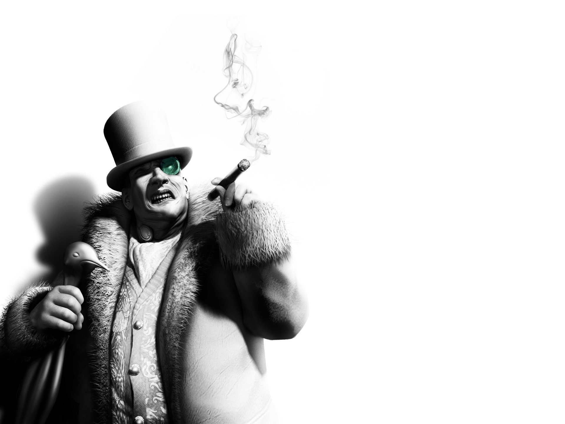 4K Ultra HD wallpaper of the Penguin from the video game Batman: Arkham City, featuring a monochrome design with a glowing green monocle and smoking a cigar.