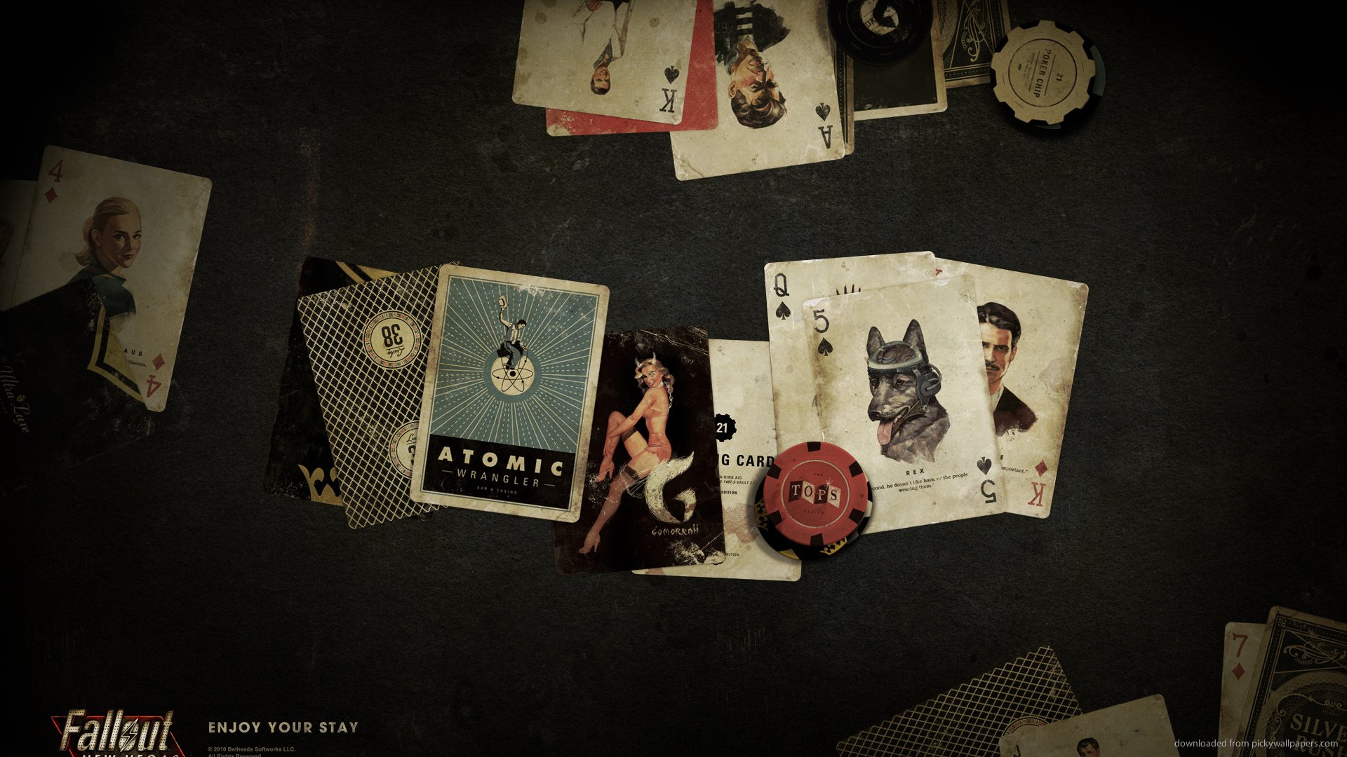 HD PC desktop wallpaper featuring playing cards and poker chips from the video game Fallout: New Vegas, capturing its iconic post-apocalyptic aesthetic.