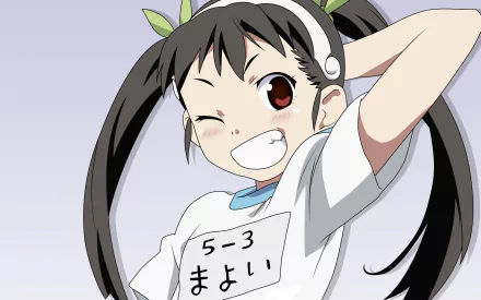 HD PC desktop wallpaper of Mayoi Hachikuji from the Monogatari Series, featuring her cheerful expression and signature twin tails against a soft background.