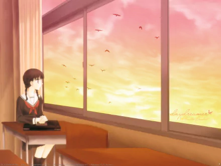 Anime-style HD desktop wallpaper depicting a daydreamer girl sitting by a window, gazing at a vibrant sunset sky filled with birds.