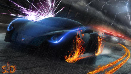 High-definition wallpaper from Need For Speed: Most Wanted, featuring a sleek car racing through a stormy night, with sparks and fiery tire tracks illuminating the scene.