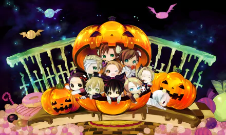A vibrant Anime Halloween scene from Hetalia: Axis Powers, featuring chibi characters playfully nestled in a large pumpkin surrounded by festive decorations and spooky elements.
