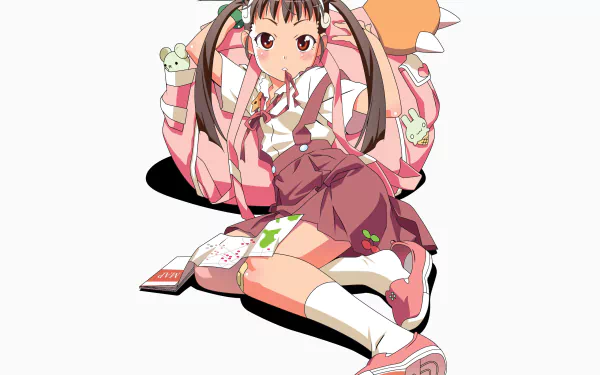 HD PC desktop wallpaper featuring Mayoi Hachikuji from the Monogatari anime series, showcasing her sitting with a backpack and school supplies around her.