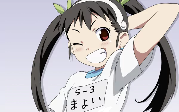HD PC desktop wallpaper of Mayoi Hachikuji from the Monogatari Series, featuring her cheerful expression and signature twin tails against a soft background.