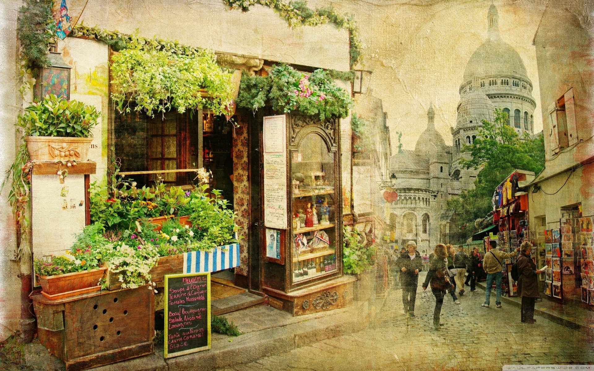 Artistic HD PC desktop wallpaper showcasing a charming flower shop and bustling street with historic architecture, blending vibrant greenery and vintage urban life.