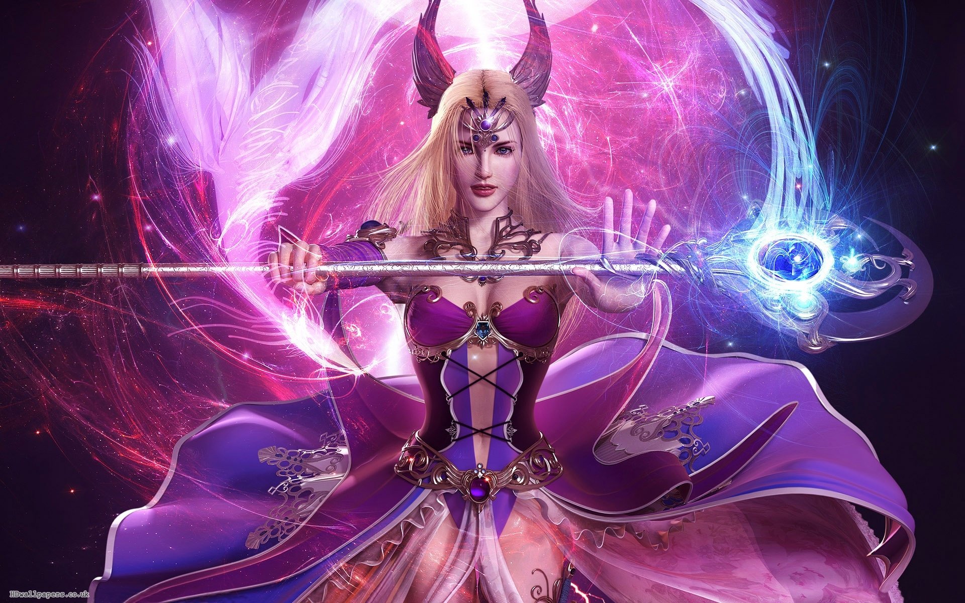 A blonde woman warrior with blue eyes wields a magical staff, surrounded by swirling purple and pink energy in a vibrant fantasy HD desktop wallpaper.