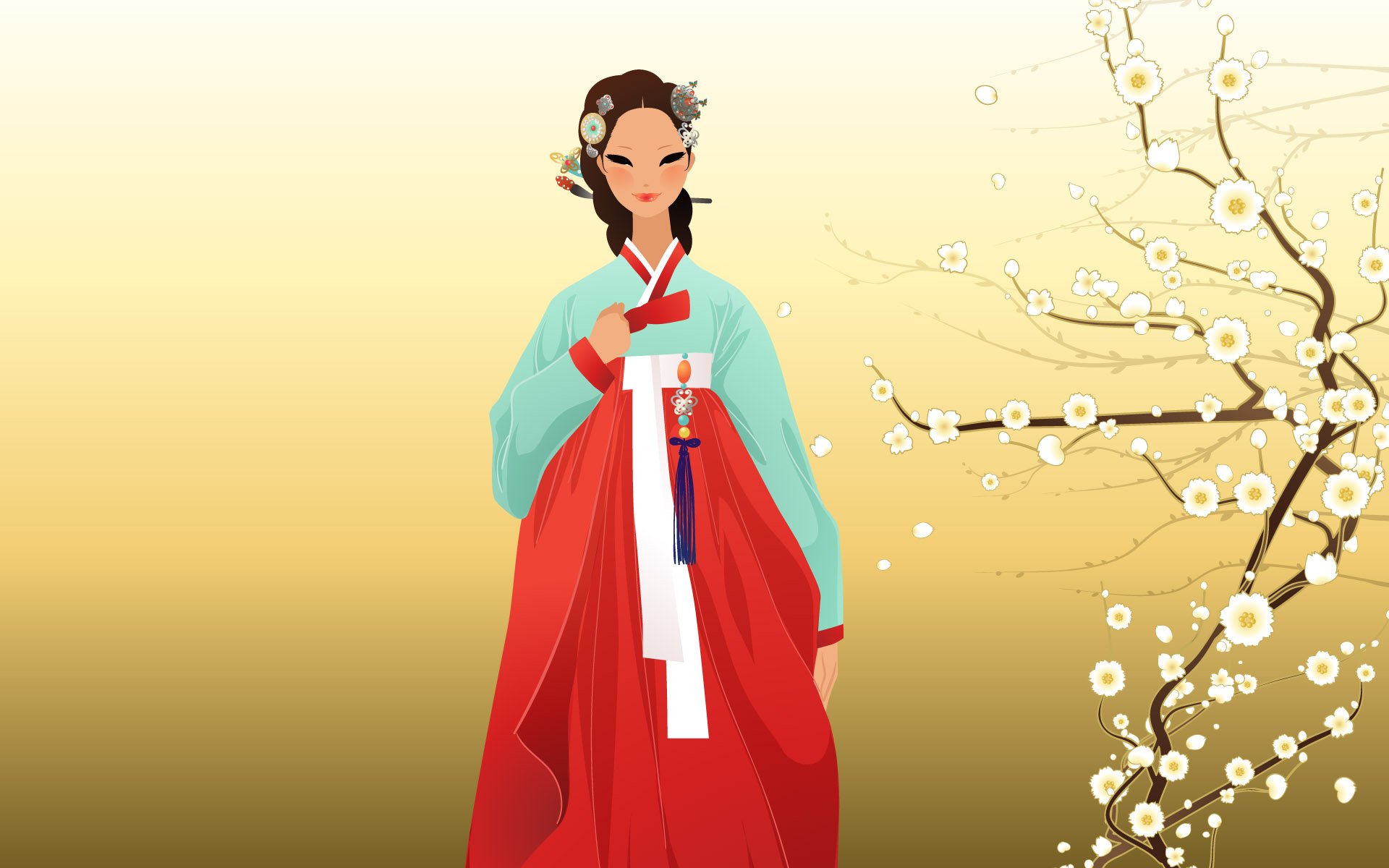 Artistic HD PC wallpaper of a Korean woman in traditional costume standing beside blooming branches on a soft gradient background.