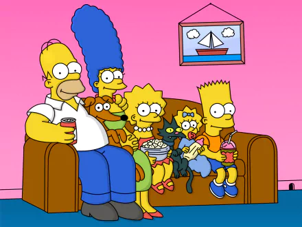 The Simpsons family - Homer, Marge, Bart, Lisa, and Maggie - sit together on the couch with their pets in this HD desktop wallpaper from the TV show The Simpsons.