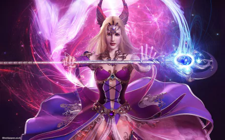 A blonde woman warrior with blue eyes wields a magical staff, surrounded by swirling purple and pink energy in a vibrant fantasy HD desktop wallpaper.