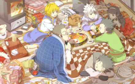 HD desktop wallpaper featuring Alluka Zoldyck, Leorio Paradinight, Kurapika, Killua Zoldyck, and Gon Freecss from Hunter x Hunter, enjoying a cozy indoor gathering with food and blankets.