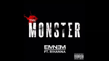 HD PC desktop wallpaper featuring the title The Monster with Eminem and Rihanna's names, set against a black background with music-themed design elements.