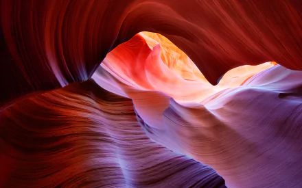 2K Quad HD PC desktop wallpaper — nature canyon: sunlit slot canyon of red and violet sandstone waves framing a bright sky, smooth layered textures and warm glowing highlights.