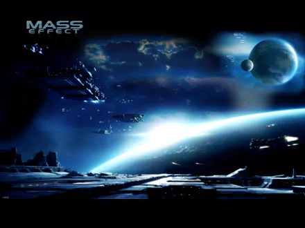 HD PC desktop wallpaper featuring a space scene from the video game Mass Effect, depicting planets, stars, and futuristic spacecraft in a cosmic setting.