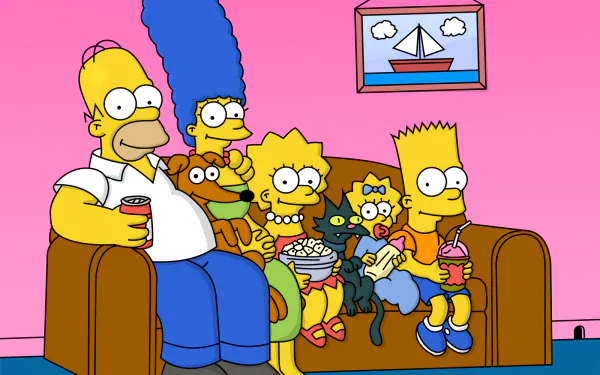 The Simpsons family - Homer, Marge, Bart, Lisa, and Maggie - sit together on the couch with their pets in this HD desktop wallpaper from the TV show The Simpsons.