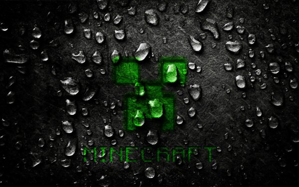 HD desktop wallpaper featuring the Minecraft logo in green illuminated by light, against a textured black background with water droplets.