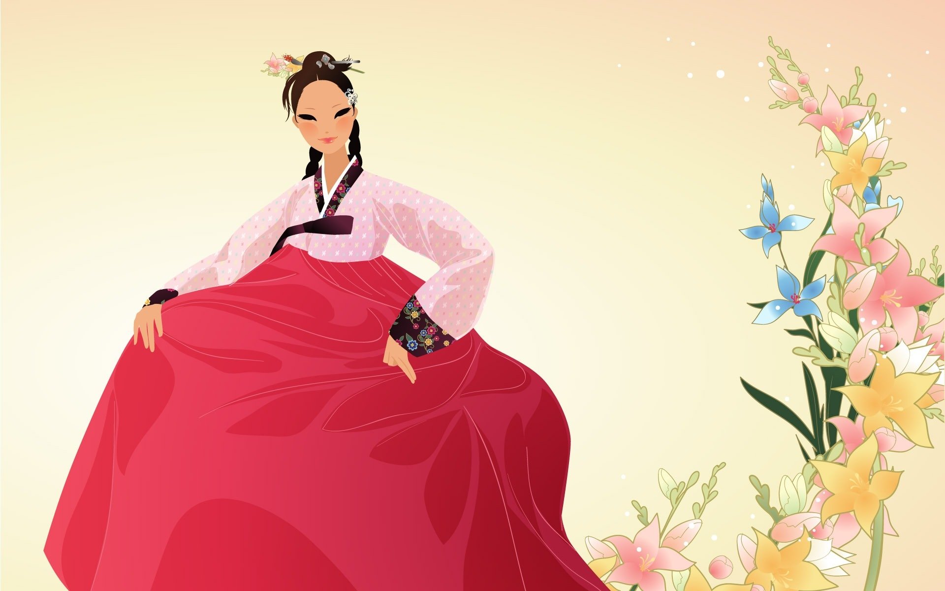 Artistic HD PC desktop wallpaper of a Korean woman in a pink and red traditional hanbok, posed beside delicate pastel flowers on a soft background.