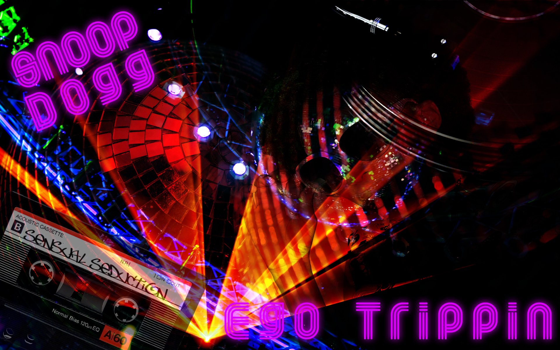 HD PC desktop wallpaper featuring vibrant neon lights, a cassette tape, and bold text reading Snoop Dogg and Vego Trippin, blending music and urban style.