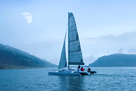 HD PC desktop wallpaper and background: trimaran vehicle sailing across a calm blue lake, misty mountains and a pale moon in the sky.