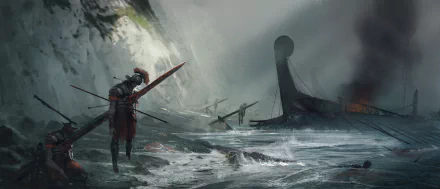 HD PC wallpaper from the video game Ryse: Son of Rome featuring a Roman legionary standing on a stormy shore near a shipwreck.