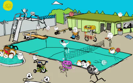 A high-definition meme collage featuring funny stick figures in various humorous poolside scenarios. This wallpaper has a vibrant, playful look set as a pool party scene full of laughter and chaos.