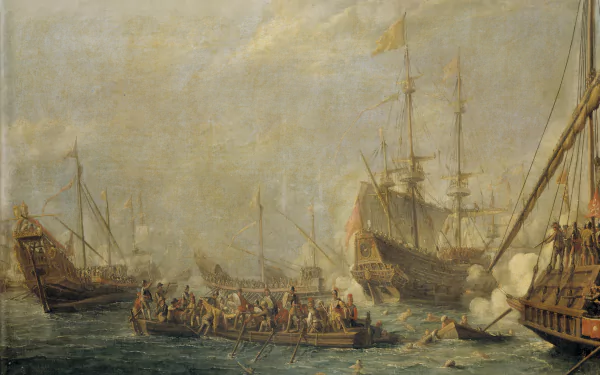 HD desktop wallpaper depicting a dramatic naval battle scene from the Battle of Sole Bay, showcasing military ships and crews engaged in combat on the sea.