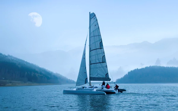 HD PC desktop wallpaper and background: trimaran vehicle sailing across a calm blue lake, misty mountains and a pale moon in the sky.