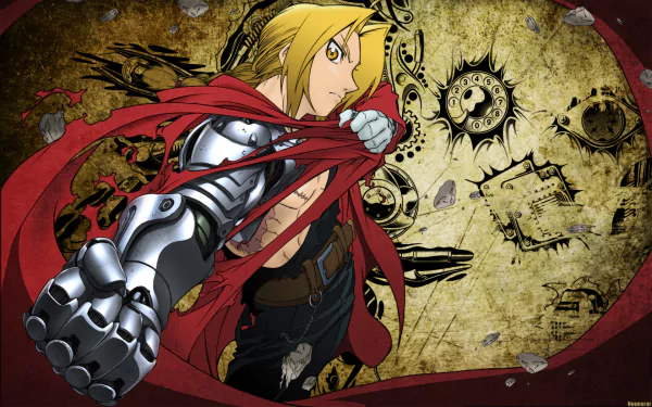 HD desktop wallpaper featuring Edward Elric from the anime Fullmetal Alchemist, showcasing his mechanical arm in a dynamic pose with an intricate, gear-themed background.