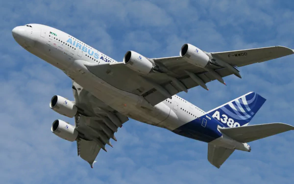 HD desktop wallpaper featuring an airborne Airbus A380 against a blue sky with light clouds in the background.