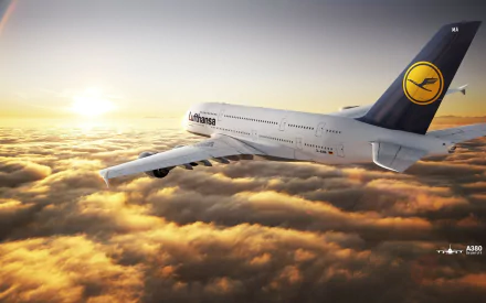 An Airbus A380 with Lufthansa livery soars above the clouds during sunset, serving as a stunning HD PC desktop wallpaper and background.