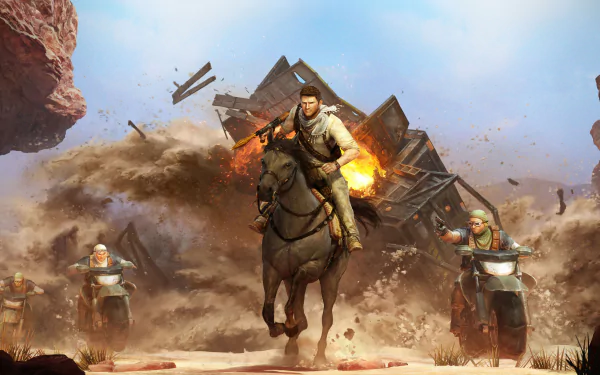 Action-packed scene from Uncharted 3: Drake's Deception, featuring a hero on horseback amidst chaos and explosions, set in a dynamic battle backdrop. HD desktop wallpaper.