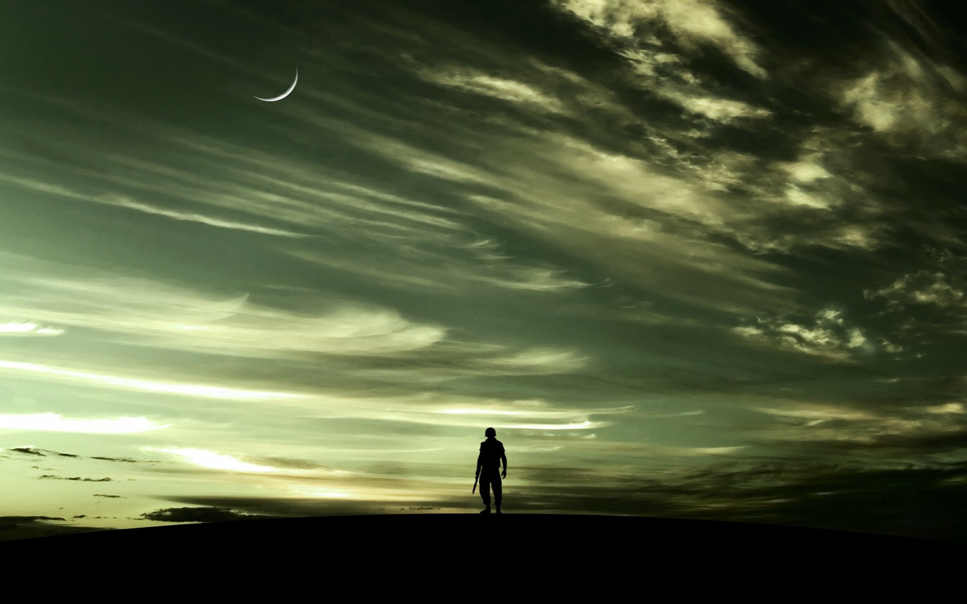 A solitary warrior stands against a dramatic sky, embodying strength and resilience. This HD wallpaper captures the essence of military spirit in a serene landscape.