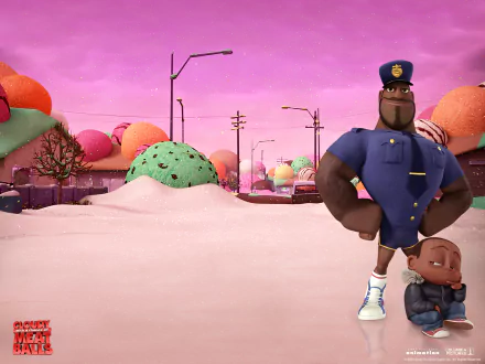 A colorful scene from Cloudy with a Chance of Meatballs featuring Earl Devereaux, a confident police officer, alongside Cal Devereaux, set against a whimsical, candy-inspired background.