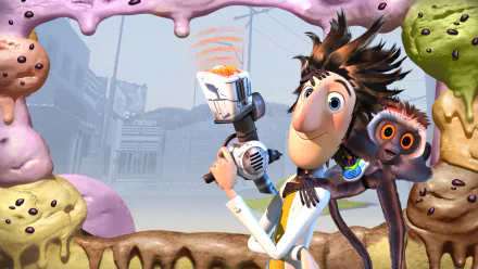 A vibrant HD wallpaper featuring Flint Lockwood with a gadget and Steve the monkey from the movie Cloudy with a Chance of Meatballs, surrounded by colorful ice cream.