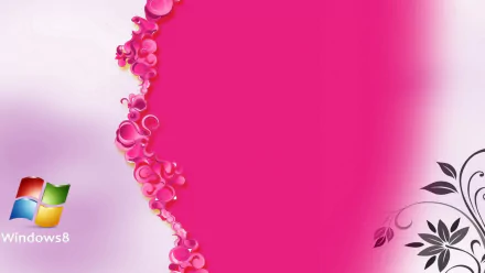 HD Windows 8 PC desktop wallpaper featuring a vibrant pink background with floral and bubble accents along the left side and a black floral design on the bottom right.