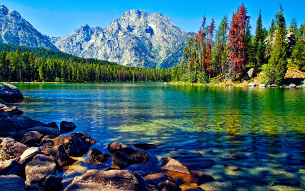 A serene lake reflects towering mountains and vibrant trees, creating a stunning nature scene. This high-definition image serves as an inspiring desktop wallpaper and background.