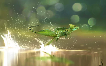HD desktop wallpaper featuring a vibrant green basilisk lizard sprinting across water, capturing dynamic motion and sparkling splashes in a natural setting.