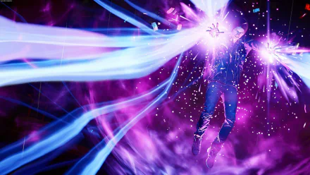 A dynamic scene from the video game inFAMOUS: Second Son, featuring a character harnessing vibrant energy amidst a swirl of purple and blue light, suited for an HD PC desktop wallpaper.