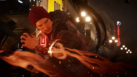 A dynamic HD wallpaper from the video game inFAMOUS: Second Son, featuring a character wielding fiery powers in an urban setting, capturing the game's vibrant action and atmosphere.
