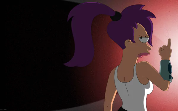 HD PC desktop wallpaper featuring Leela from the TV show Futurama, depicted with a determined expression and her signature purple hair in a dark, dramatic setting.