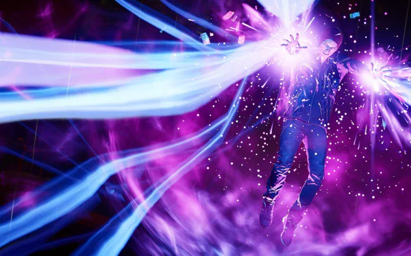 A dynamic scene from the video game inFAMOUS: Second Son, featuring a character harnessing vibrant energy amidst a swirl of purple and blue light, suited for an HD PC desktop wallpaper.